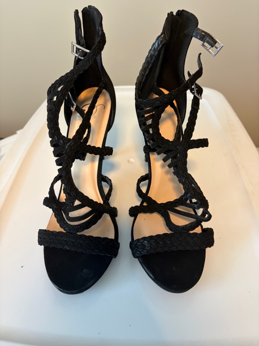 Braided Strappy Black High Heel Sandals - Women's